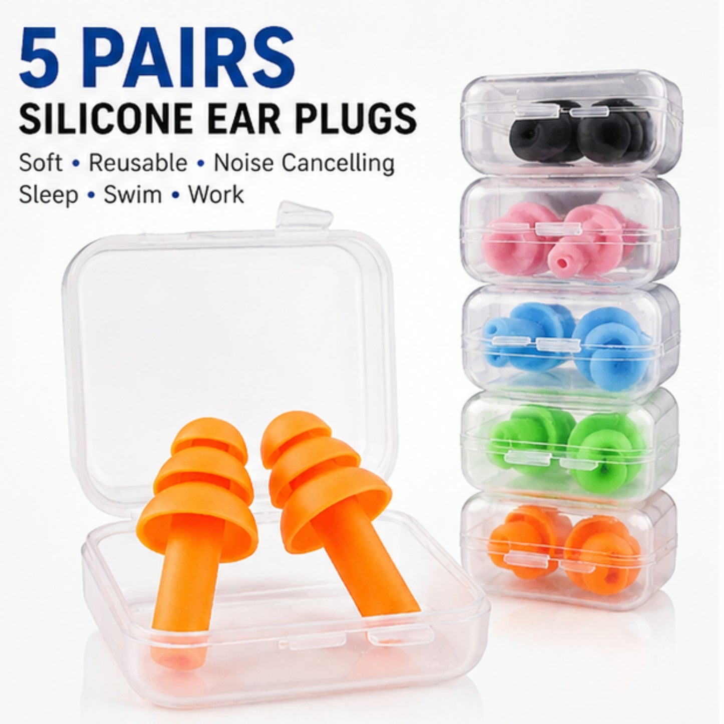Reusable Silicone Noise-Reducing Ear Plugs – 5 Pair Set