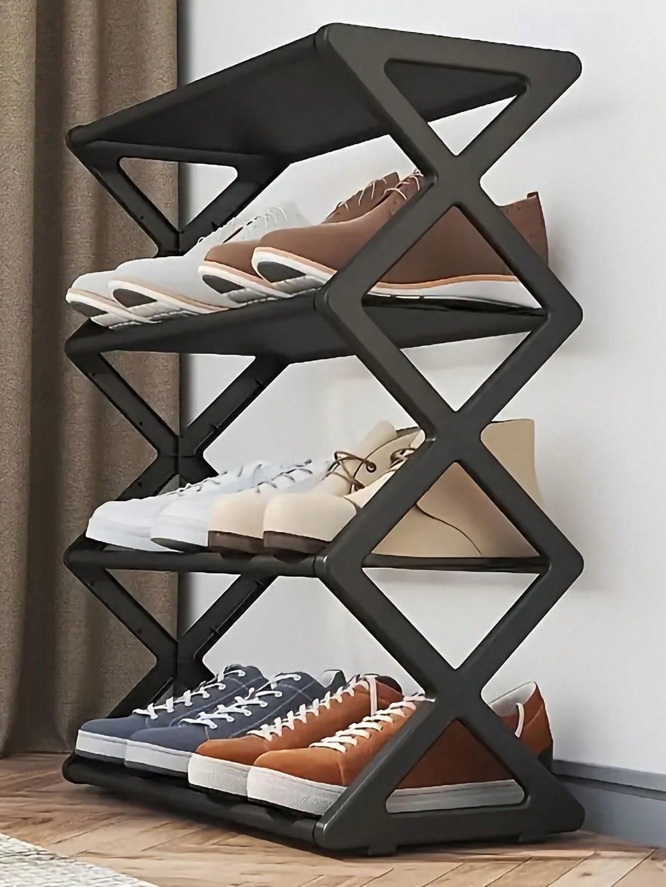 4-Layer Plastic Shoe Rack Organizer Stackable Shoe Cabinets-Black