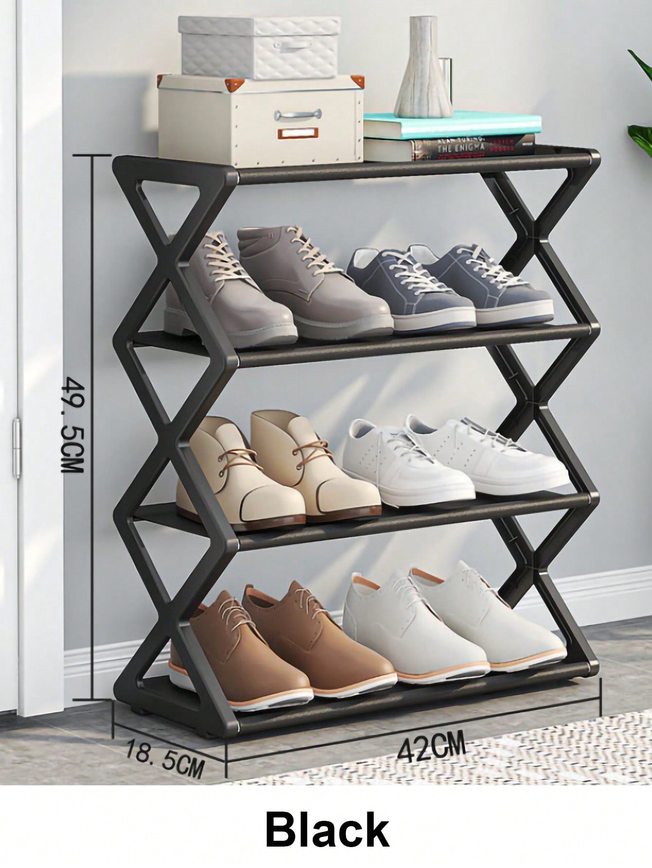 4-Layer Plastic Shoe Rack Organizer Stackable Shoe Cabinets-Black