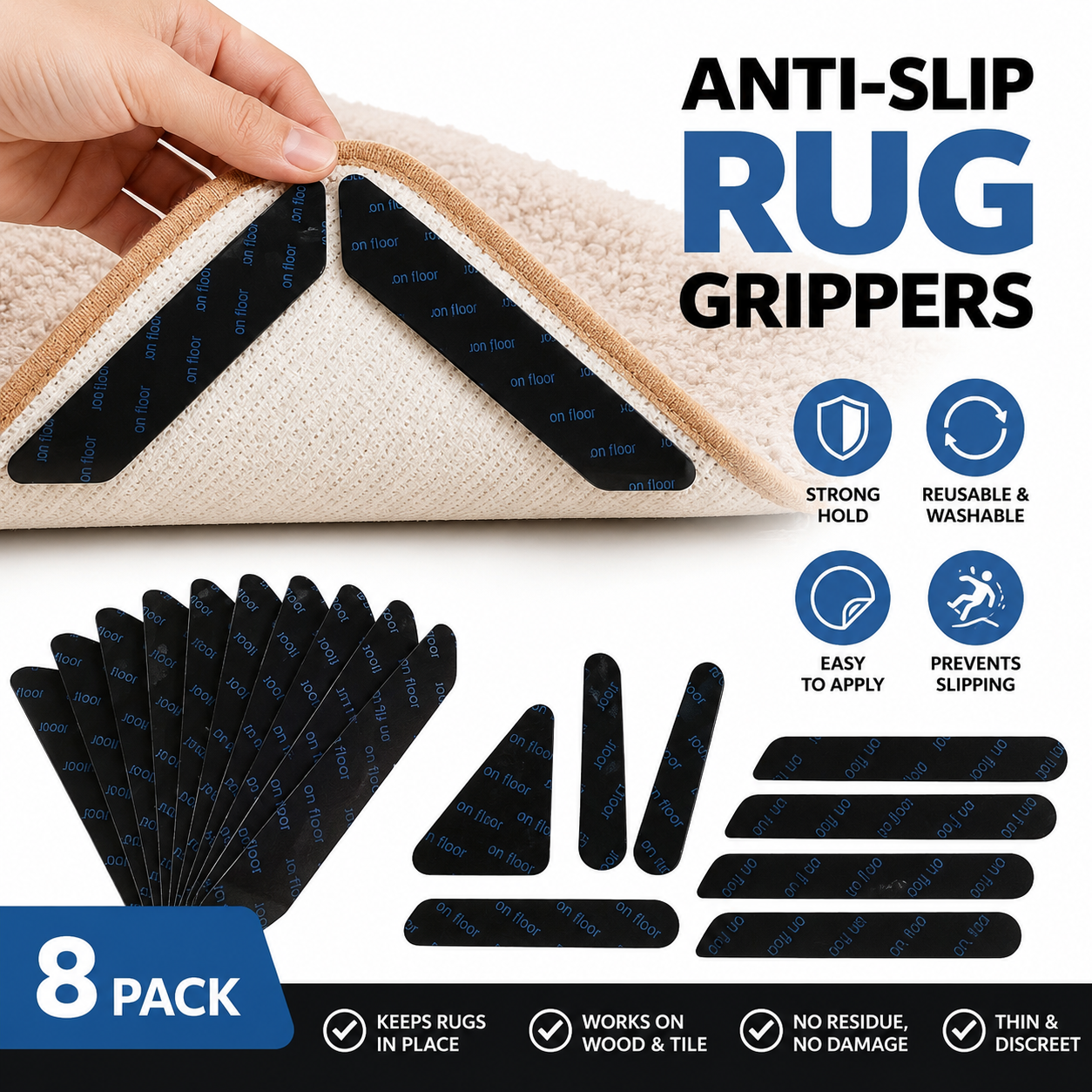 Anti Slip Rug Grippers – Reusable Washable Carpet Stickers