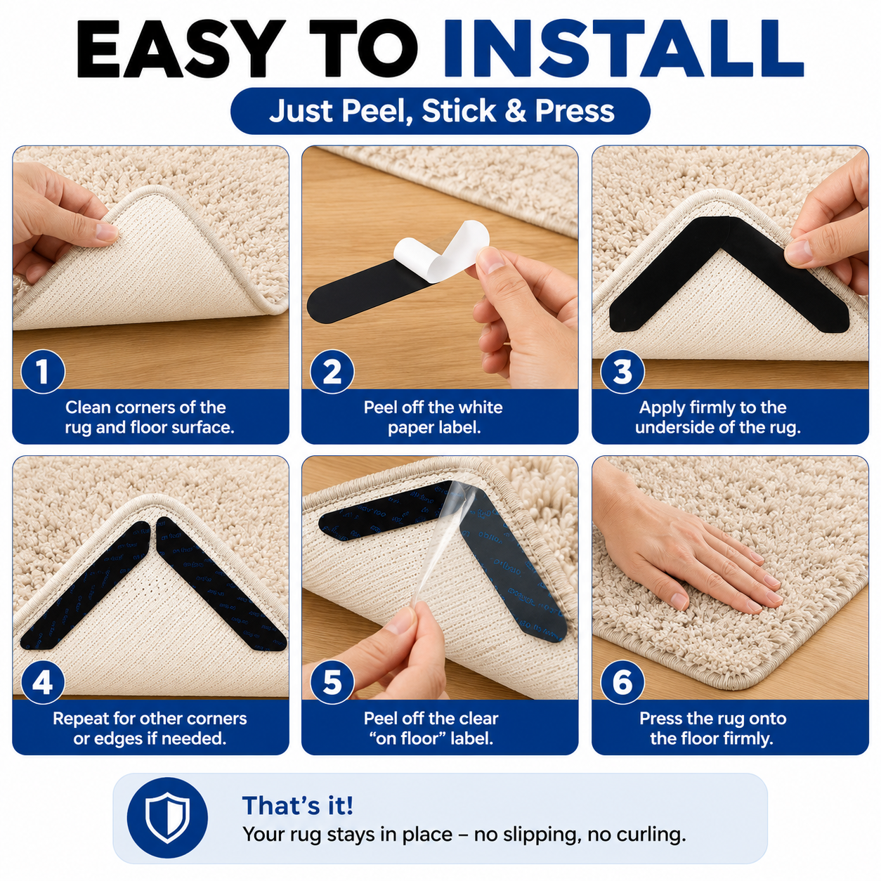 Anti Slip Rug Grippers – Reusable Washable Carpet Stickers