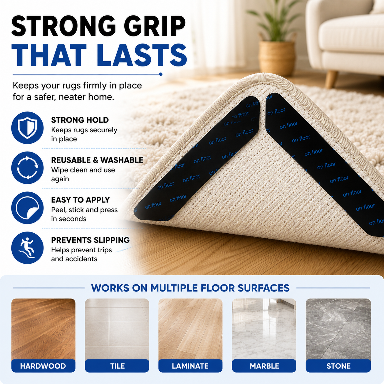Anti Slip Rug Grippers – Reusable Washable Carpet Stickers