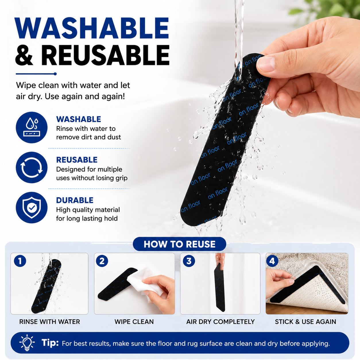 Anti Slip Rug Grippers – Reusable Washable Carpet Stickers