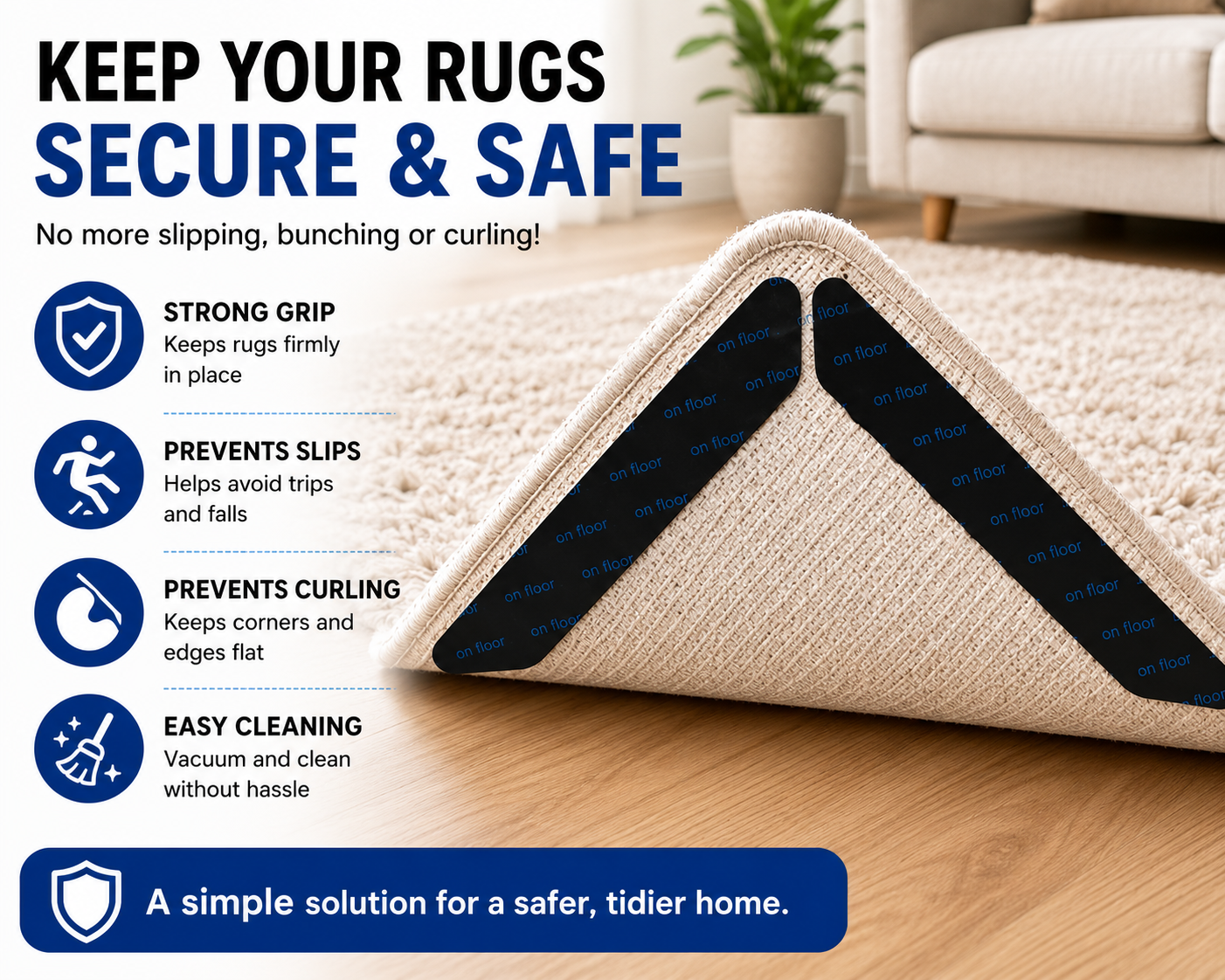 Anti Slip Rug Grippers – Reusable Washable Carpet Stickers