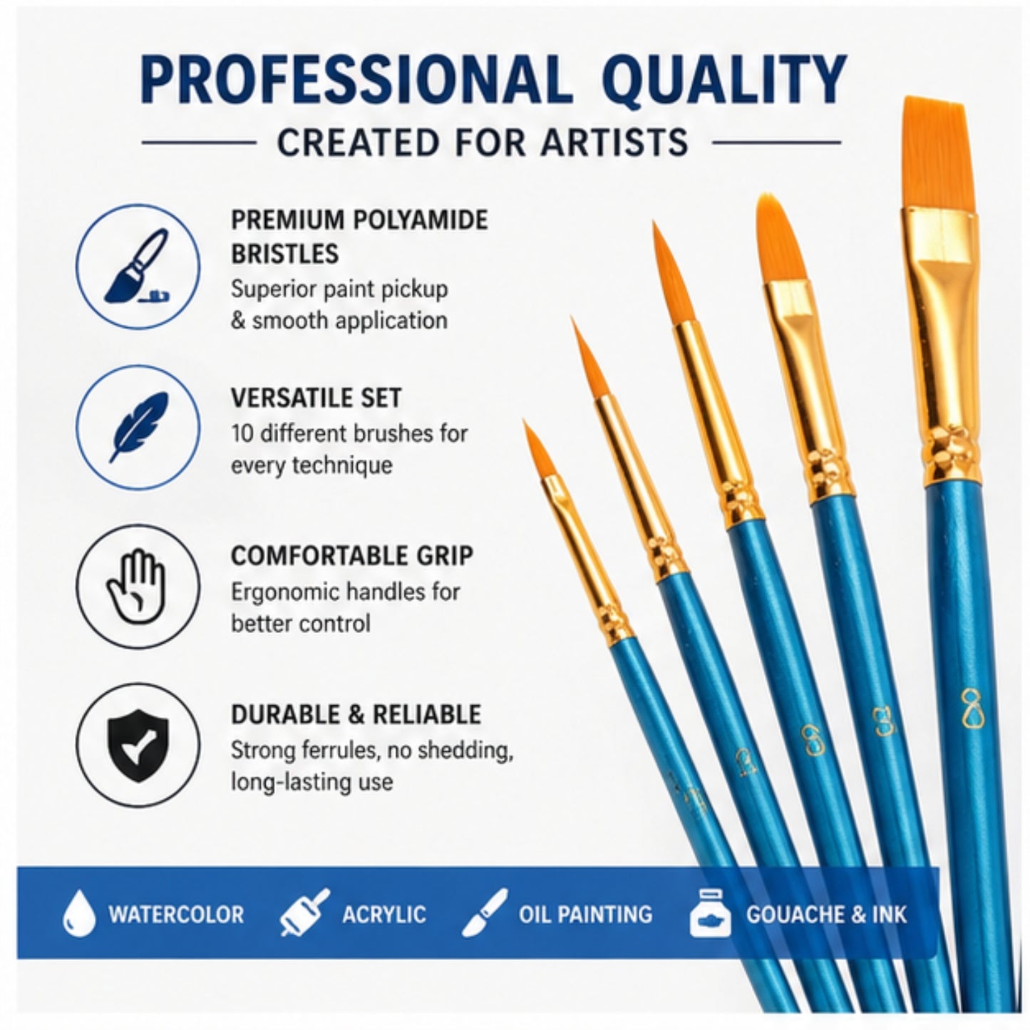 Professional Artist Paint Brush Set – 10 Piece