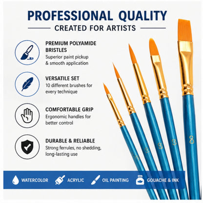 Professional Artist Paint Brush Set – 10 Piece