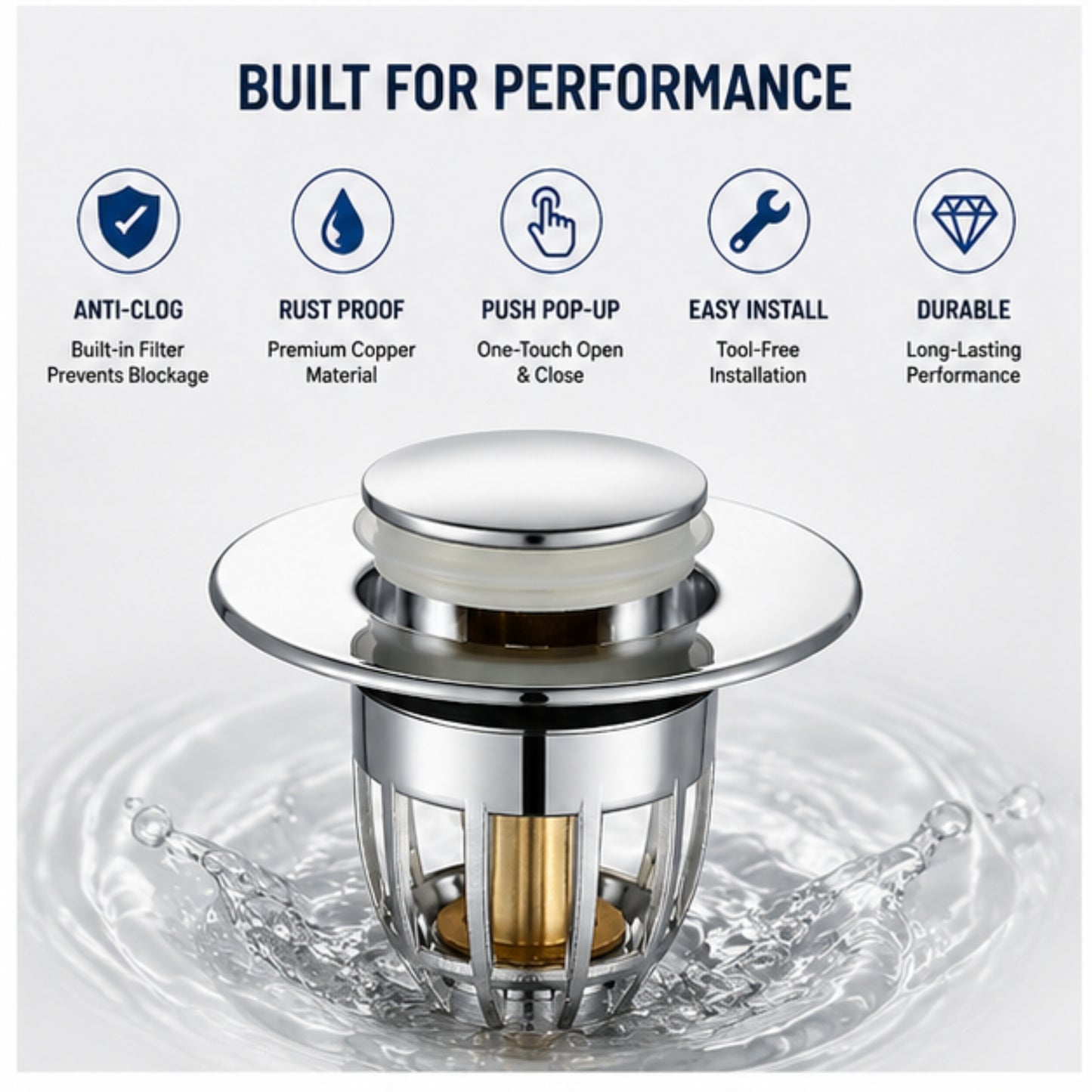 Push Button Pop-Up Drain Stopper for Sink & Bathtub