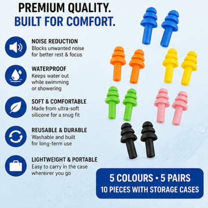 Reusable Silicone Noise-Reducing Ear Plugs – 5 Pair Set